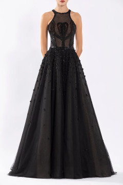 Tulle Beaded Sleeveless A-Line Gown with Halter Neckline Tulle Beaded Sleeveless A-Line Gown with Halter Neckline