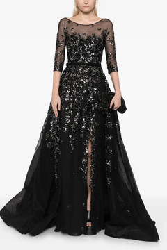 Tulle Beaded Quarter Sleeve Gown with Envelope Skirt and Overskirt Tulle Beaded Quarter Sleeve Gown with Envelope Skirt and Overskirt