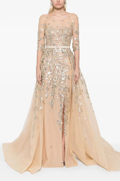 Tulle Beaded Gown with Envelope Skirt and Overskirt Tulle Beaded Gown with Envelope Skirt and Overskirt