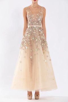 Tulle Ankle Length Dress with Dotted Beading