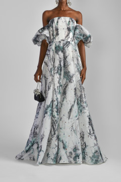 Printed Gazar Off Shoulder Gown Printed Gazar Off Shoulder Gown