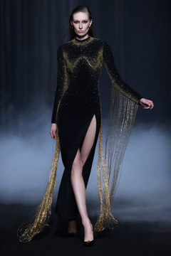 Beaded Cr?pe Dress with Fringes