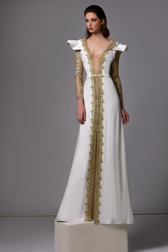 Long Sleeve Crepe Gown with Gold Lace Long Sleeve Crepe Gown with Gold Lace