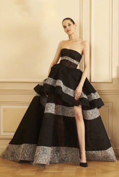 Strapless Ruffled High Slit Lace Gown Strapless Ruffled High Slit Lace Gown