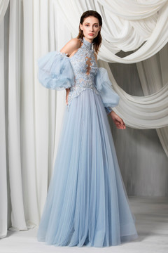 Long Sleeve Cold Shoulder Tulle Gown Long Sleeve Cold Shoulder Tulle Gown