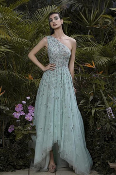 One Shoulder Tulle Beaded Gown