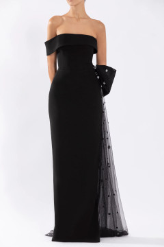 Crepe Off Shoulder Gown with Tulle Bow Crepe Off Shoulder Gown with Tulle Bow