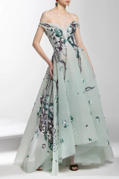 High-Low Off  Shoulder Tulle Beaded Gown
