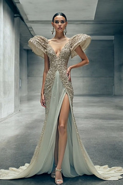 Sculpted-Sleeve Slit Gown Sculpted-Sleeve Slit Gown