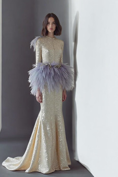 Feathered-Peplum Flared Gown Feathered-Peplum Flared Gown