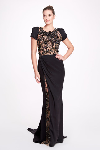 Back Bow Short Sleeve Slit Gown
