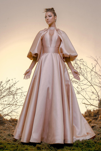 Puffed Sleeve A-Line Silk Gazar Gown
