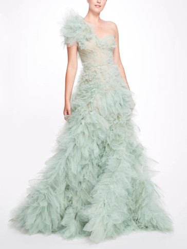 One Shoulder  Shirred Tulle Gown