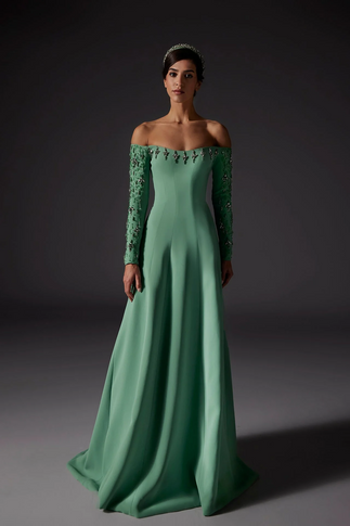 Off Shoulder Crepe Gown with Embroidery
