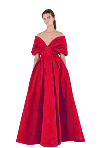 Draped Off Shoulder Red Gown