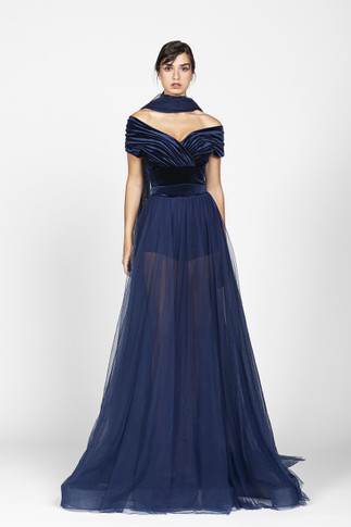Velvet and Tulle Off Shoulder Gown