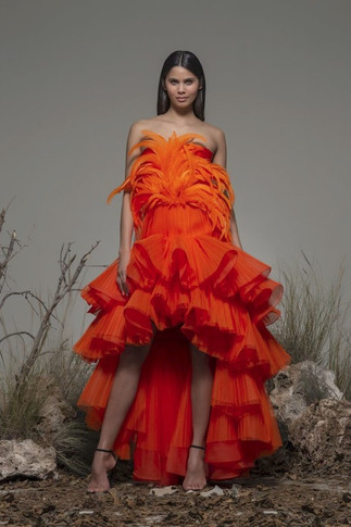 Bondeno Feathered High-Low Gown