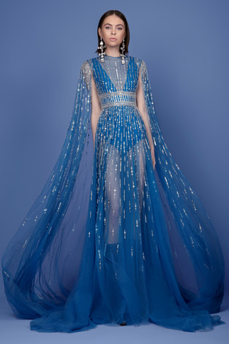 Beaded Tulle Illusion Gown with Shawl