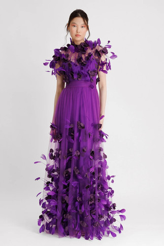 Tulle Gown with Embroidered Feathers