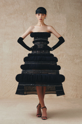 Mesh Midi Dress with Black Beads