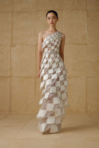 One Shoulder Gown with Velvet Fabric Cuts