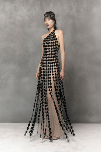 Sheer Tulle Gown with Velvet Fabric Cuts