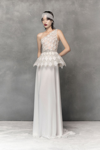 One Shoulder Peplum Gown with Velvet Fabric Cuts