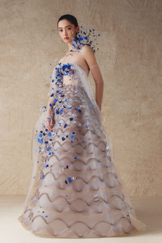 Mesh Top A-Line Gown with Flowers Beads