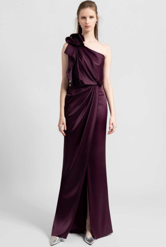Satin One Shoulder Slit Gown