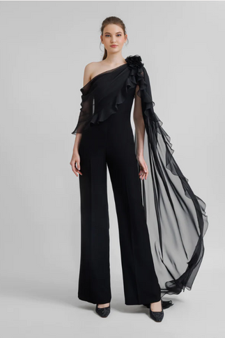 Asymmetrical Cape-Sleeve Jumpsuit