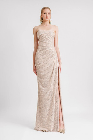 Beaded Strapless Draped Gown