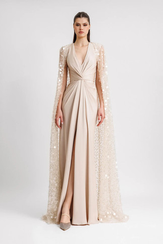 Draped Gown with Beaded Cape