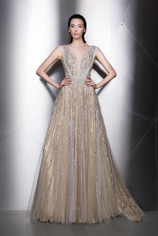 Plunging Neck Embellished Sleeveless Gown