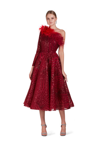 One Shoulder Dress with Ombré Feathers