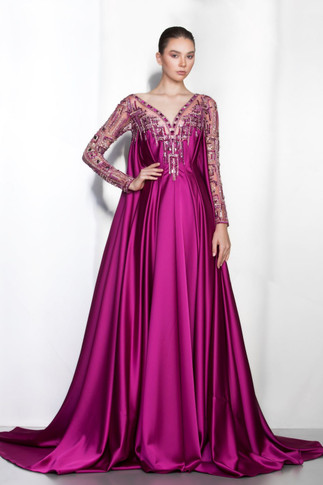 Embellished Long Sleeve A-Line  Gown