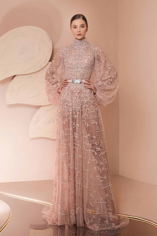 Fully-Beaded Puff Sleeved Gown