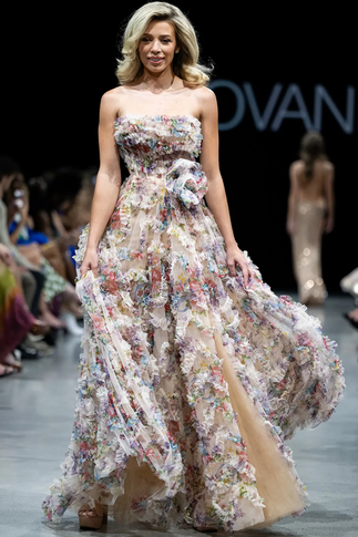 Multi Colored Ruffled Strapless Gown