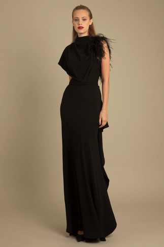 Asymmetrical Feathered Crepe Gown