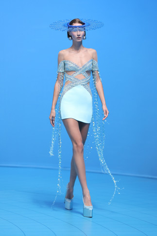 Beaded Tulle Dress with Fringe