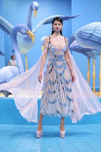 Beaded Tulle Dress with Georgette Sleeves