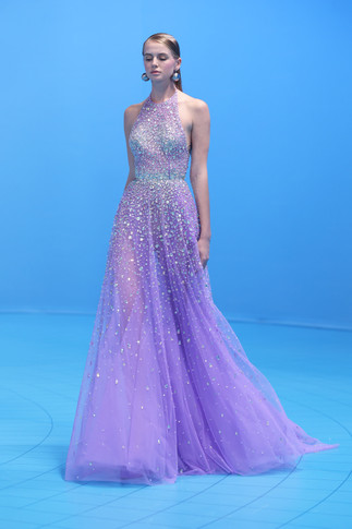Beaded Tulle Halter Neck Gown