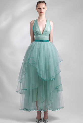 Deep V-Neck Tulle Midi Dress
