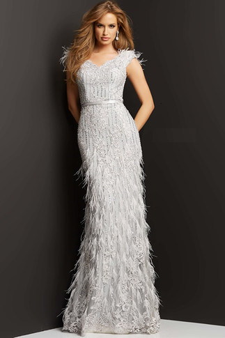 Feather Embellished Evening Gown