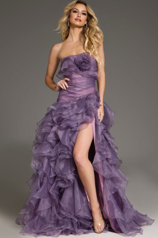 Strapless Ruffled High Slit Gown