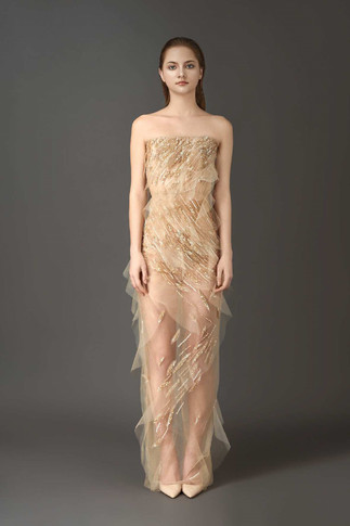 Embellished Strapless Gown with Sheer Detail