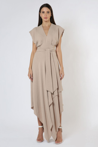 Beige Draped Midi Dress