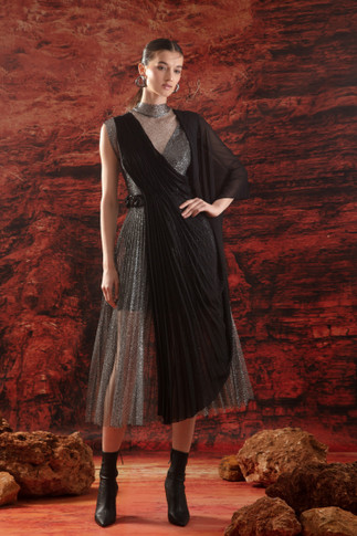 Pleated Midi Dress with Shawl Detail