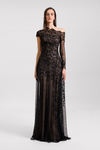 Asymmetrical Embroidered Lace Gown
