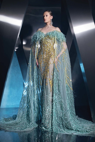 Feathered Off-Shoulder Gown