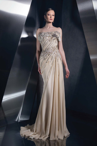 Fur Cuffed Strapless  Gown